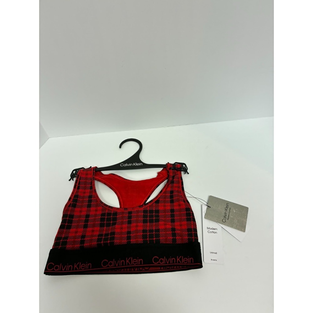 Calvin Klein Sports Bra Small Red Black Plaid Racerback Logo Band Wireless NWT